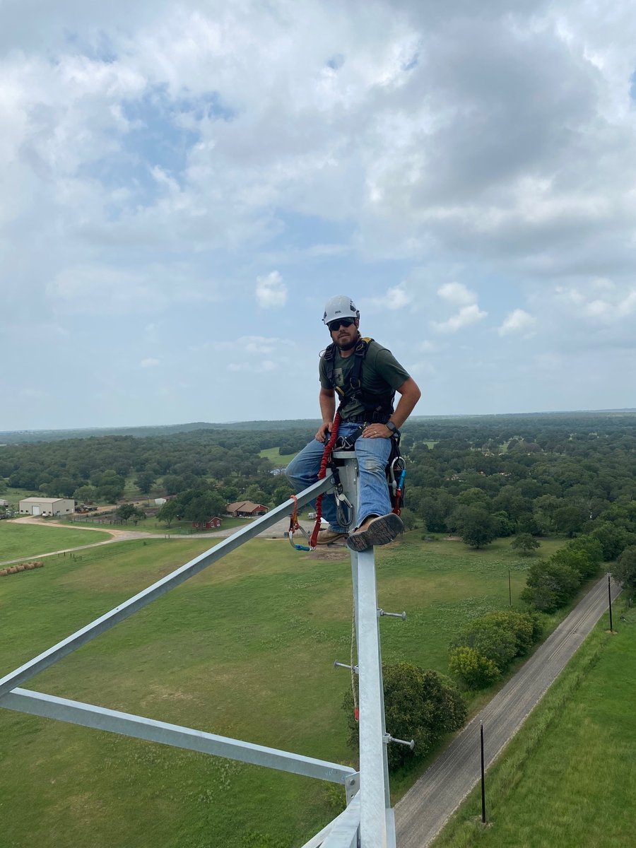 Matthew Gruetzmacher on a tower at a South Texas job site